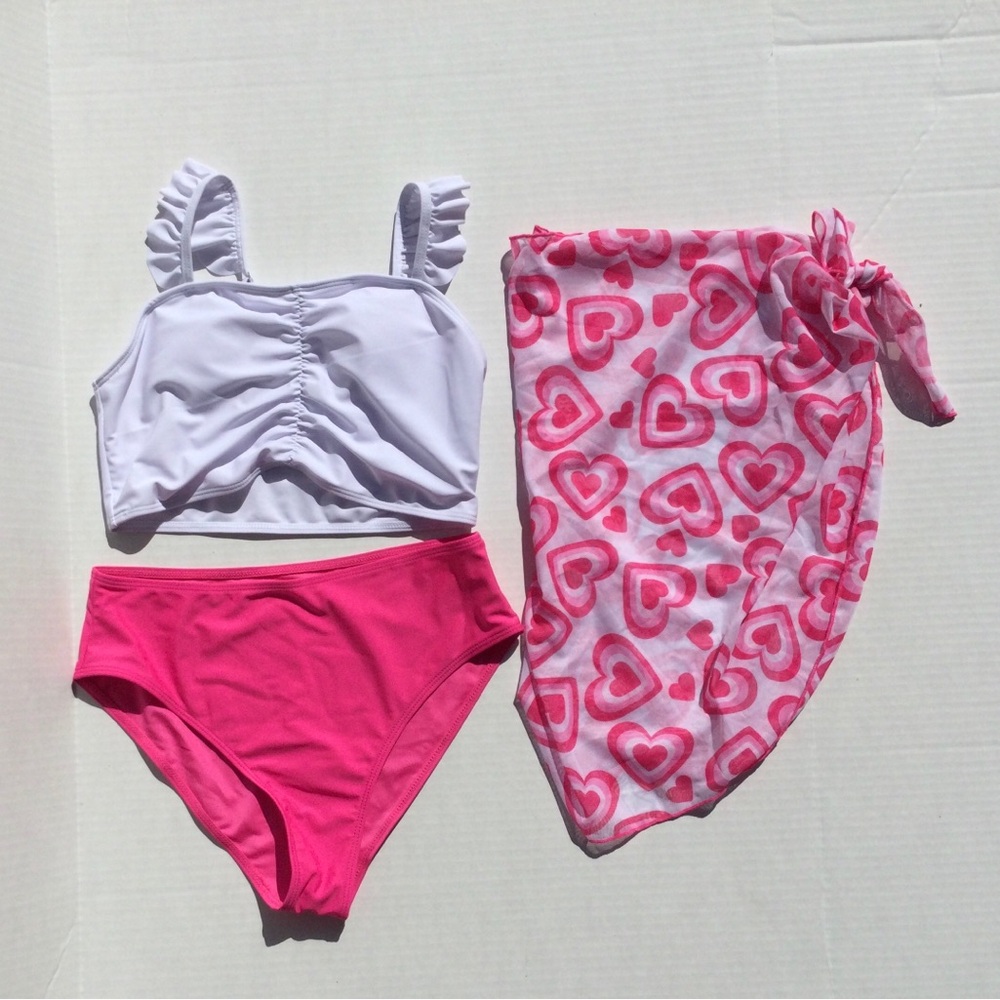 SHEIN Girls 16Y NWT Pink and White Bikini Set with Heart Sarong. 3 piece set.